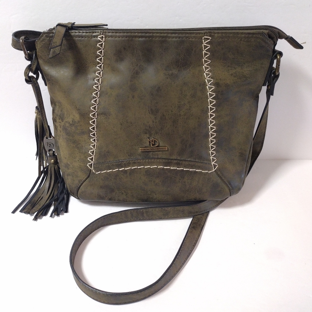 New Directions Boho Faux Leather Crossbody Purse Tassel Shoulder Zip Closure Bag